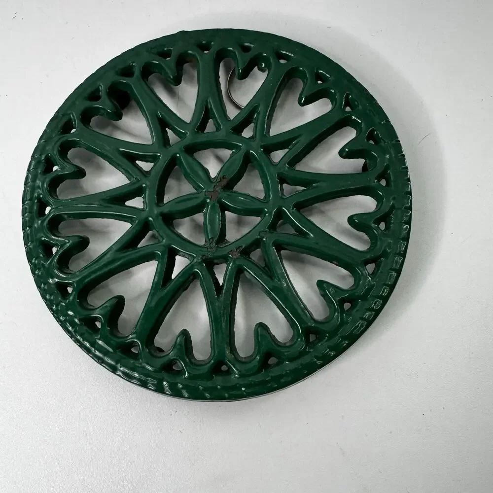 Vintage 8 Inch Cast Iron Trivet Green Round Hanging Decorative China 1994